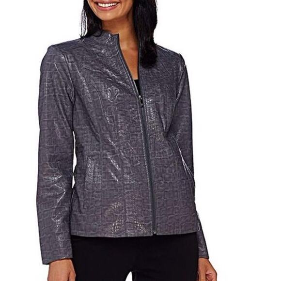 Dennis Basso gray embossed faux leather zip front moto jacket - women's 3X - Picture 2 of 10